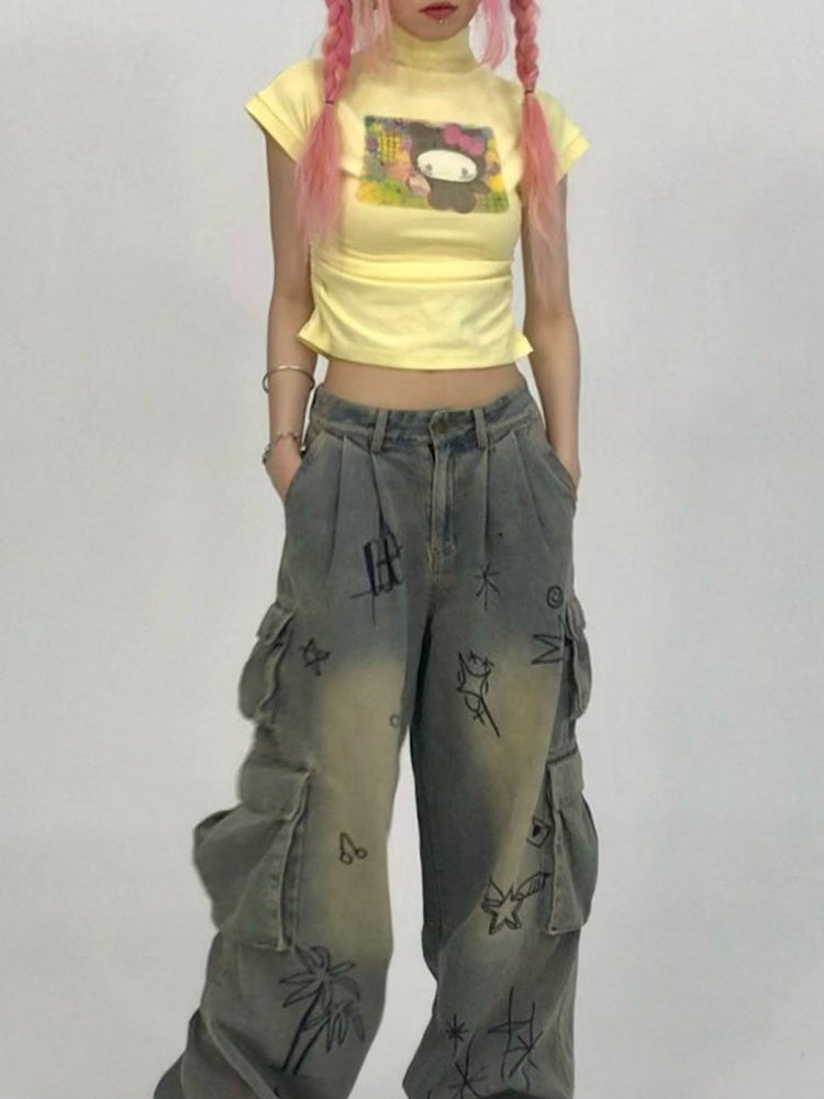 Y2K Graffiti Low for Denim Women Jeans Waist