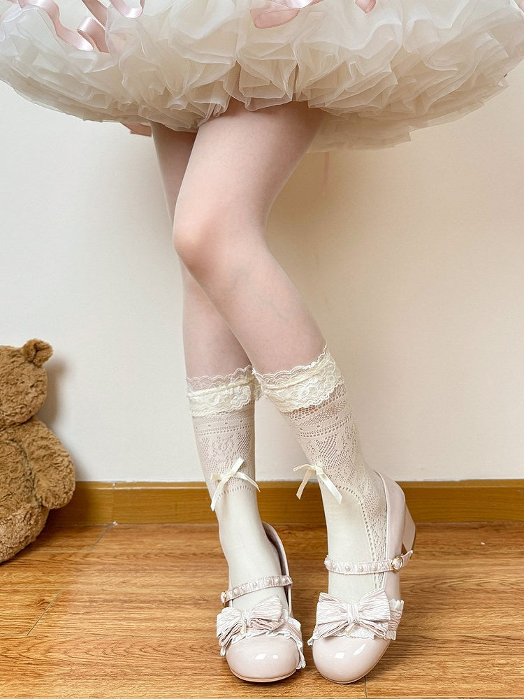 Lolita Calf Socks in White & Milk White with Lace Trim & Bow Accent - Fat Bear Story
