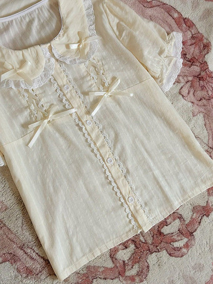 Beige Sweet Peter Pan Collar Short Sleeve Cotton Blouse Lolita - Jelly Girl