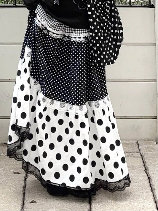 Maxi Skirt Lace Polka White Dot Panelled Black with Trim