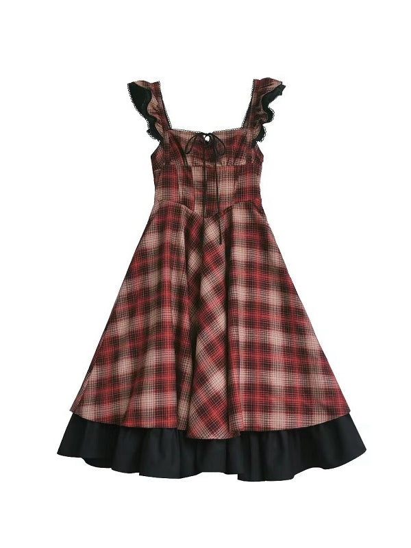 Kleid Plaid Muster Taille Lolita Rot Baskenmütze