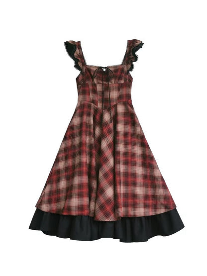 Kleid Plaid Muster Taille Lolita Rot Baskenmütze