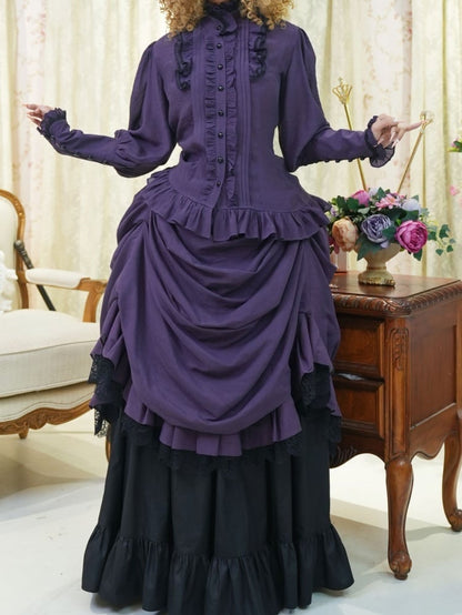 Purple Shirt Black Boned Waistcoat Skirt Set