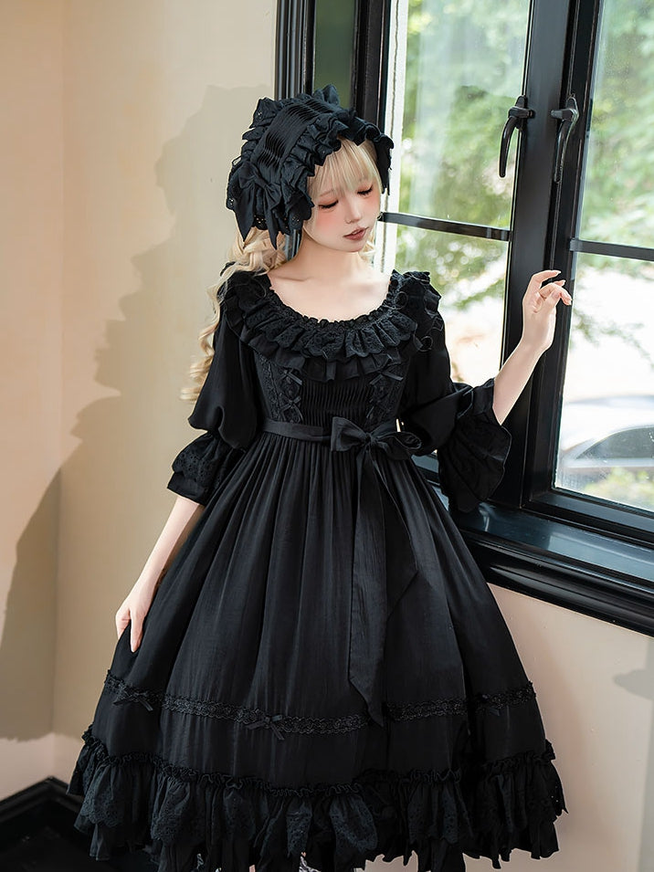 Lolita-Kleid Kuro, alle Ärmel, schwarz, hohe kurze Taille