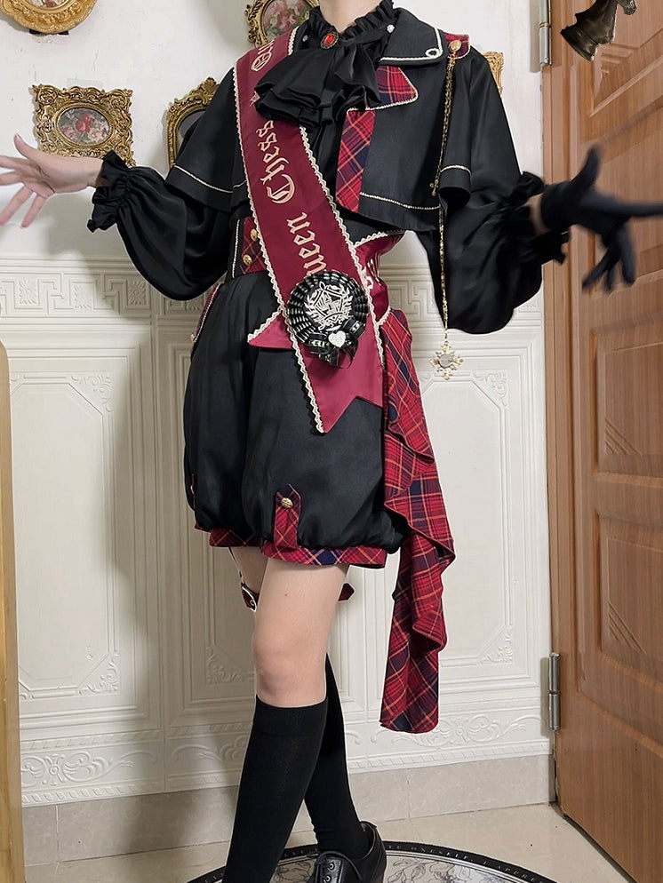 Black and Red Gryffindor Plaid Pattern Ouji Lolita Set Cape + Shorts