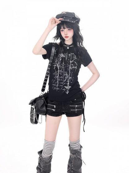 Black Tee with Side Drawstring and Dark Print - KNOW8 Online Shop