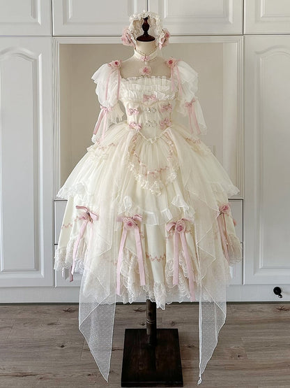 Beige Floral Fairy Basque Waist Bowknots Decoration Hanayome Lolita OP / Full Set