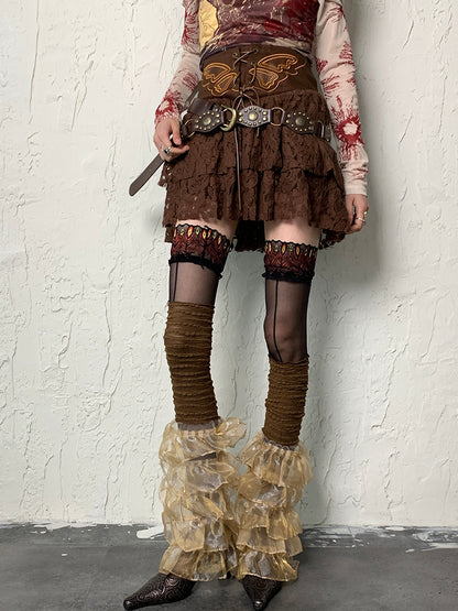 Punk Lace Sleeves Brown Leg Trim Wasteland Multi-layered