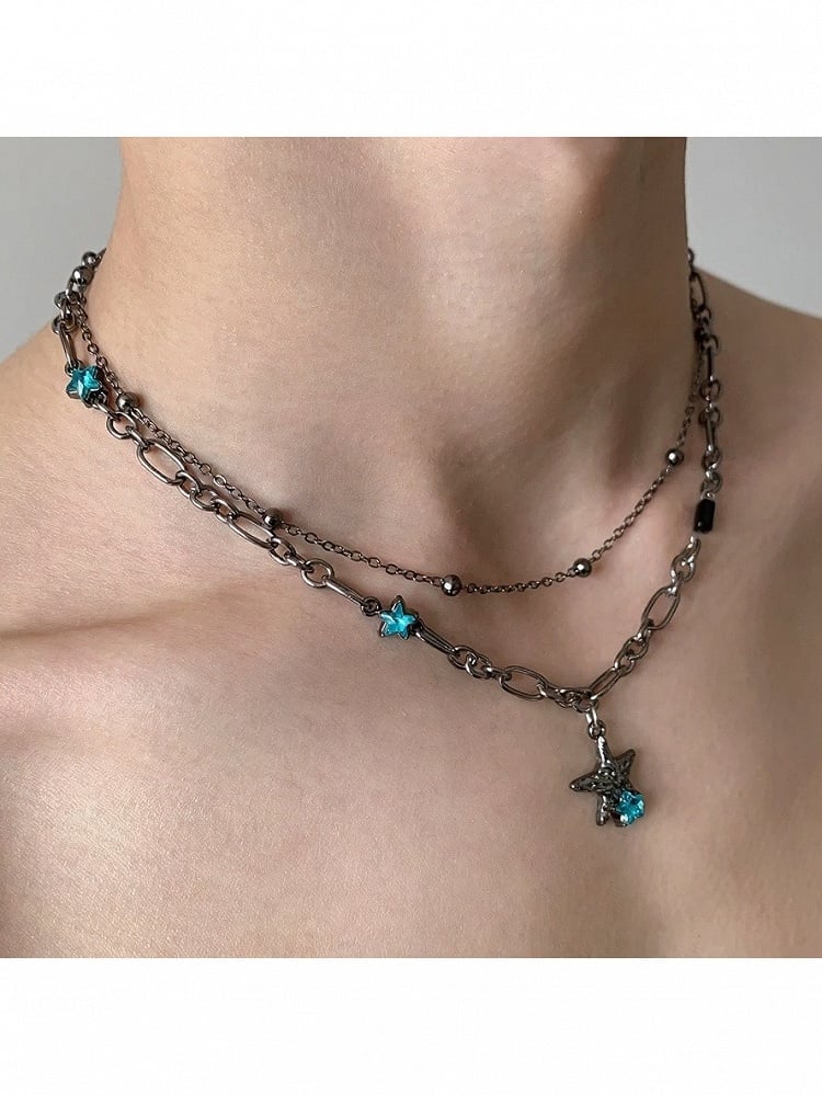 Sapphire Rhinestone Star Bead Chain Necklace - YSHXS