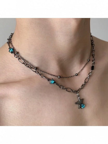 Sapphire Rhinestone Star Bead Chain Necklace - YSHXS