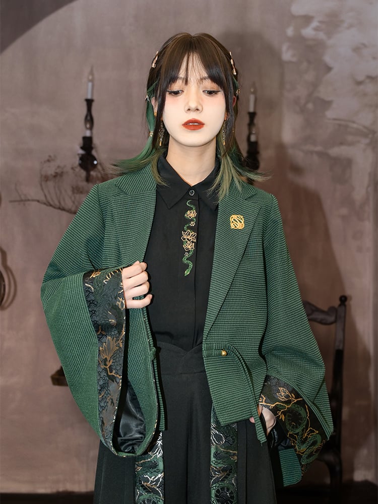 Sleeves Snake Crop with Brocade Han Cheongsam Gothic Green Wide Blazer
