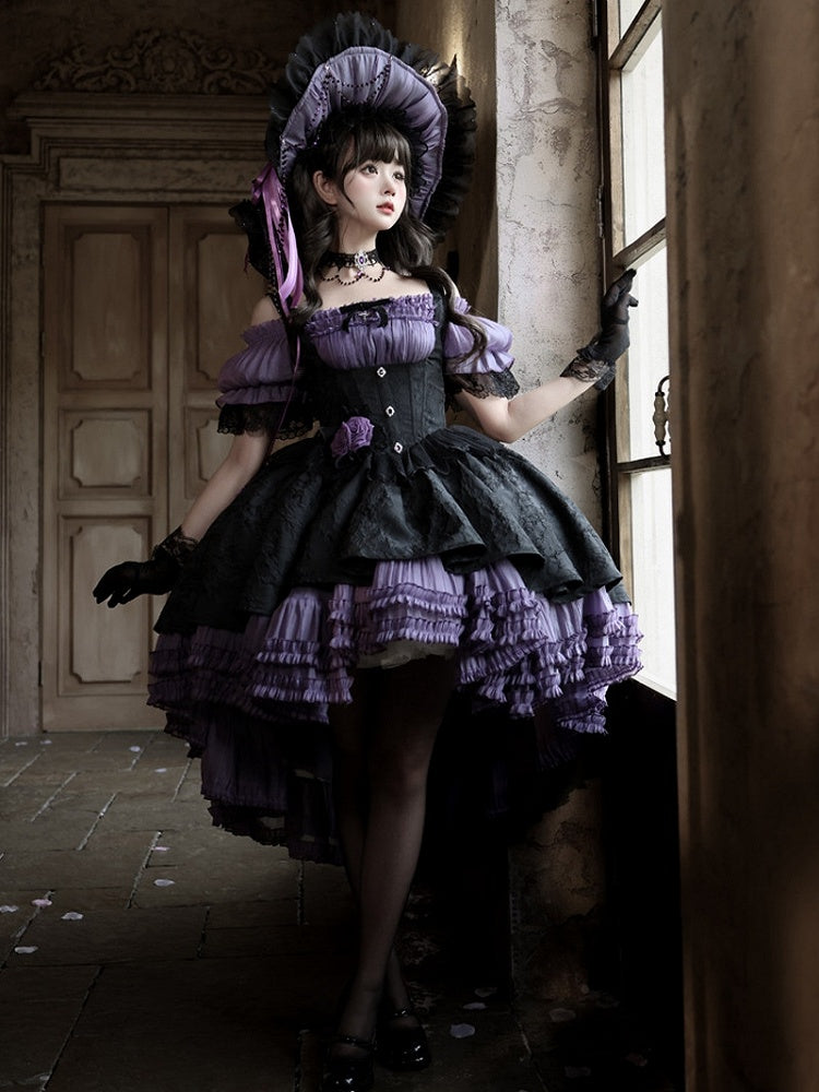 Gothic Underbust JSK Dress with Off-Shoulder Blouse, Purple & Black, High-Low Skirt - Sheer Ocean