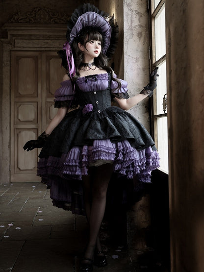Gothic Underbust JSK Dress with Off-Shoulder Blouse, Purple & Black, High-Low Skirt - Sheer Ocean