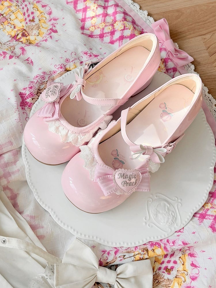 Lace Heels Low PU Bow Trim with Sweet Decorations Leather Pink