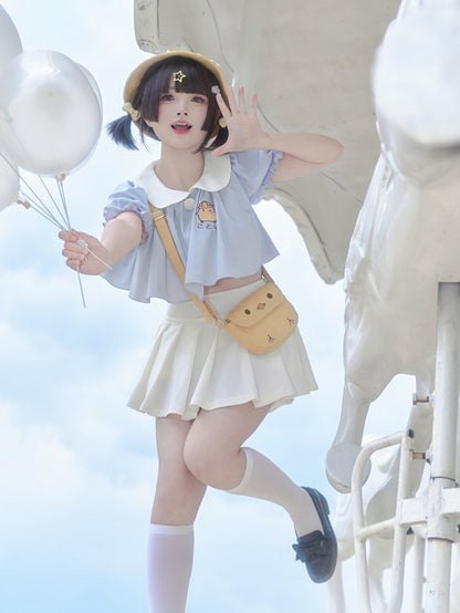 Blue Little Chicken Embroidery Peter Pan Collar Top + White Pleated Skirt Swimsuit Set
