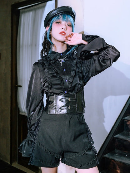 Black Balloon Sleeve Shirt with Ruffle Decoration - Quirky Hut