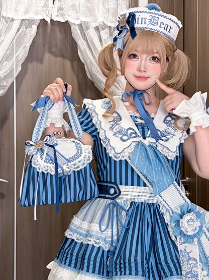Striped Sailor Lolita Handbag with Lace and Bows - Twin Bear Original Design