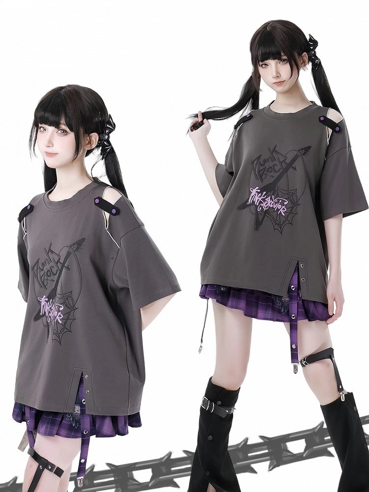 Dusty Gray Cutout Shoulder Slit Hem Punk Rock Graphic T-Shirt