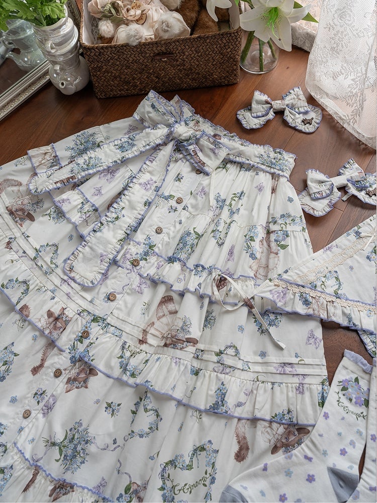 Kitty and Floral Print Front Button Placket Pink House Style Lolita Skirt