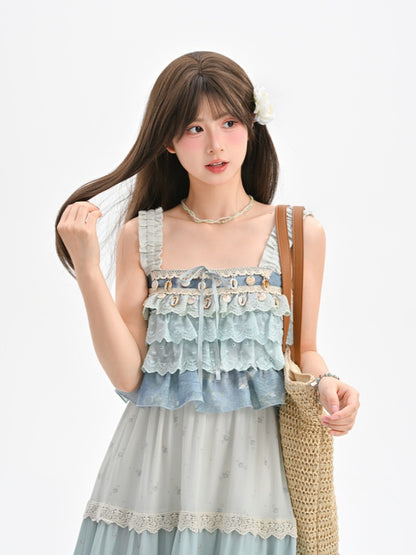 ノースリーブトップ シェルチャーム ティアードフリル ブルー