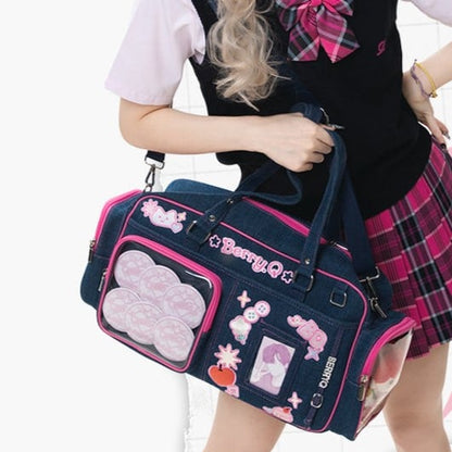 Denim with Hand Ita Deep Blue Cute Embroidery Bag