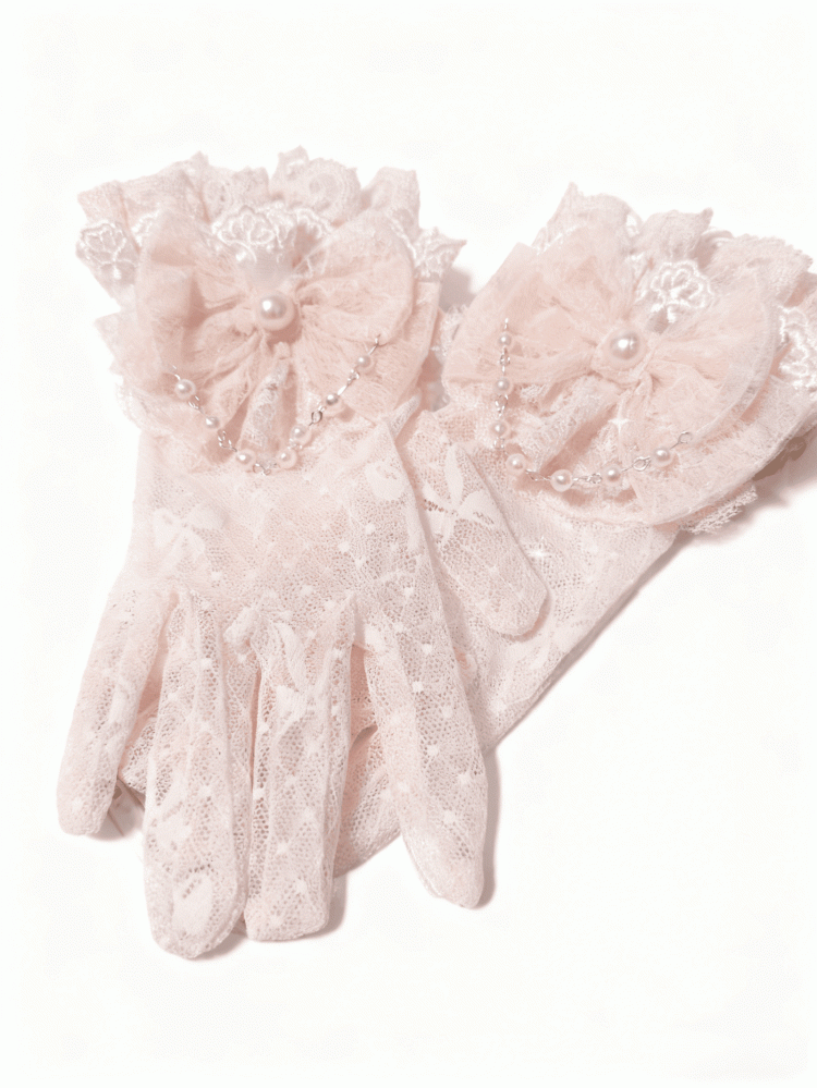 Gloves Details Bowknot Princess Pearl Lace Lolita with Pink/Blue