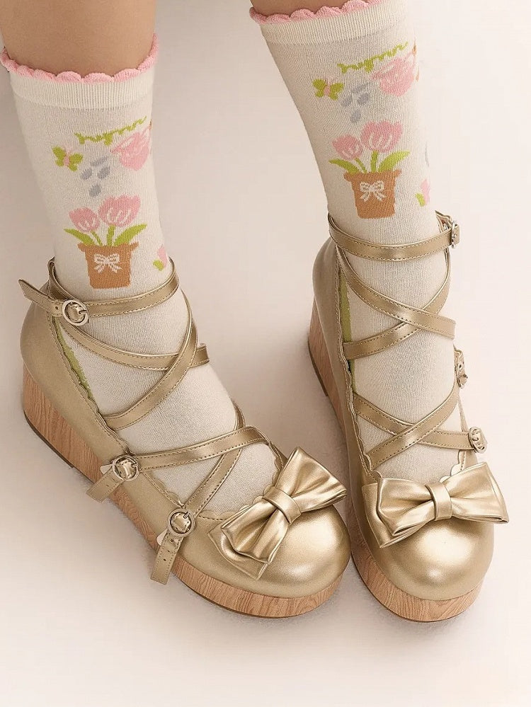 Design PU Shoes with Sweet Bow Lolita Crisscross Golden Accent Platform Wedge