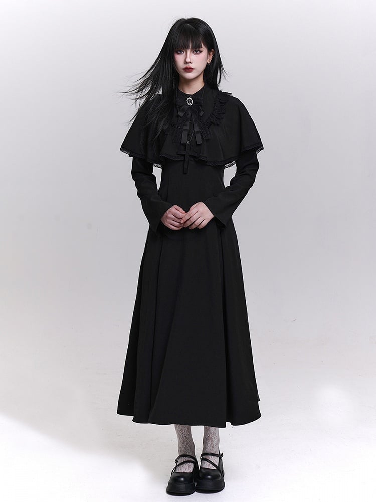 Black Trad Goth Tea Length Dress with Built-In Lace Trimmed Cape