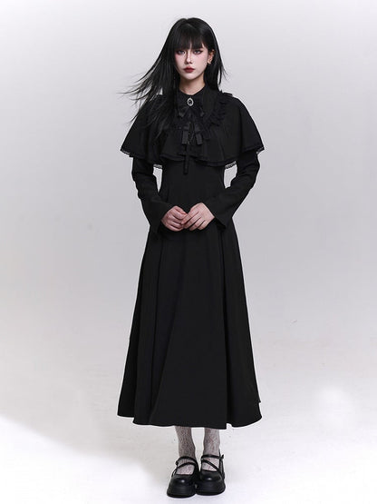 Black Trad Goth Tea Length Dress with Built-In Lace Trimmed Cape