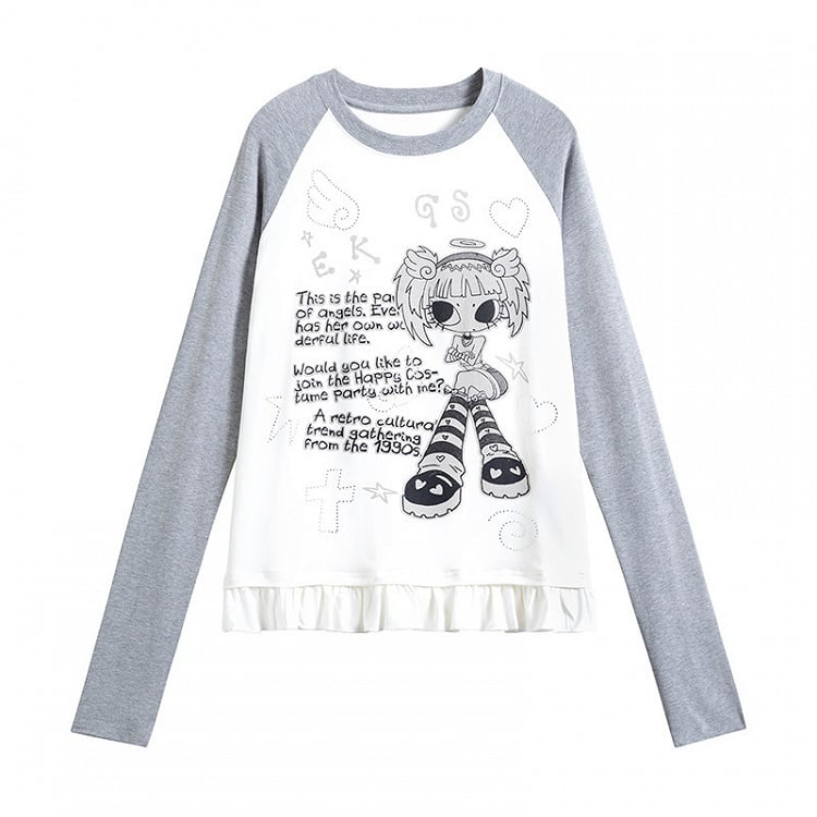 White Raglan Sleeve Cartoon with Top Hem Print Girl Flounce
