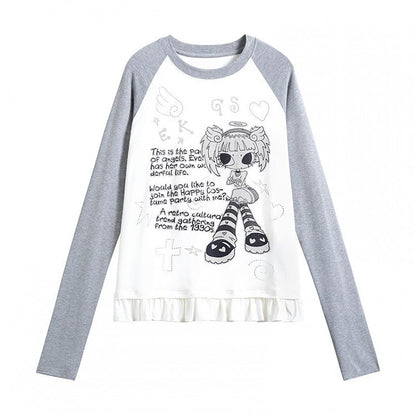 White Raglan Sleeve Cartoon with Top Hem Print Girl Flounce