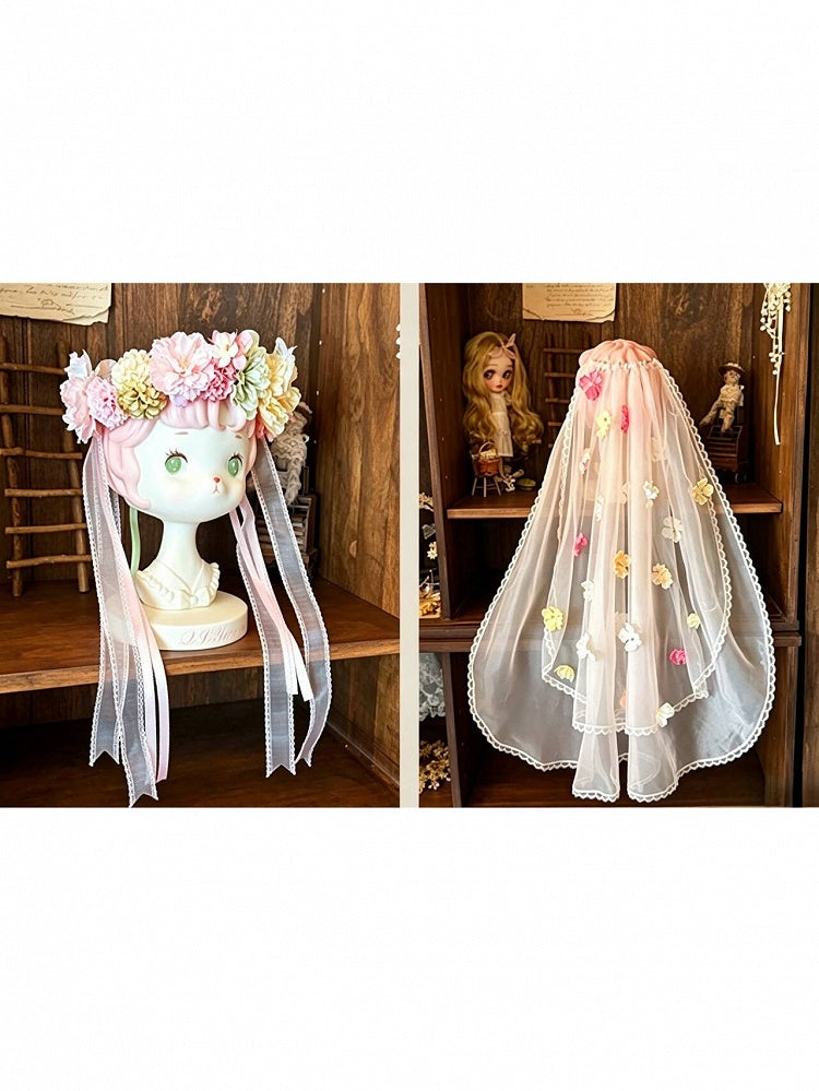 Pink and Green Lolita Floral Crown with Sheer Veil - Sweetheart Macaron Lolita