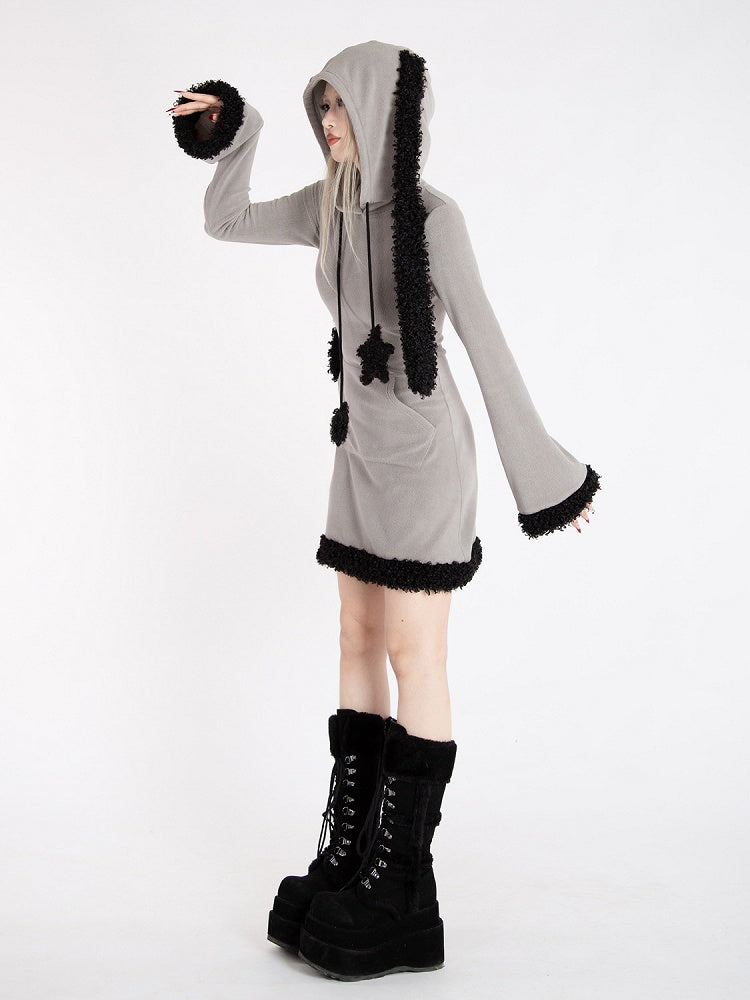 Y2k Gray Bunny Ear Hood Bell Sleeves Plush Trim Dress with Star Straps