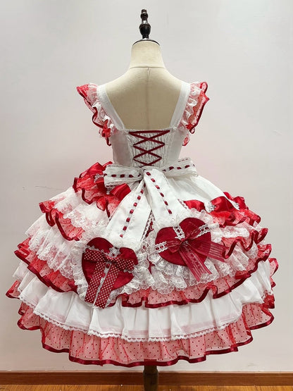 Lolita Hanayome und mehrlagiger herzförmiger weißer Rockpullover, Prinzessin, rote Schleifen, Kleiddekoration