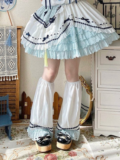 Floral-Accented Lolita Leg White Ruffled Blue Warmers