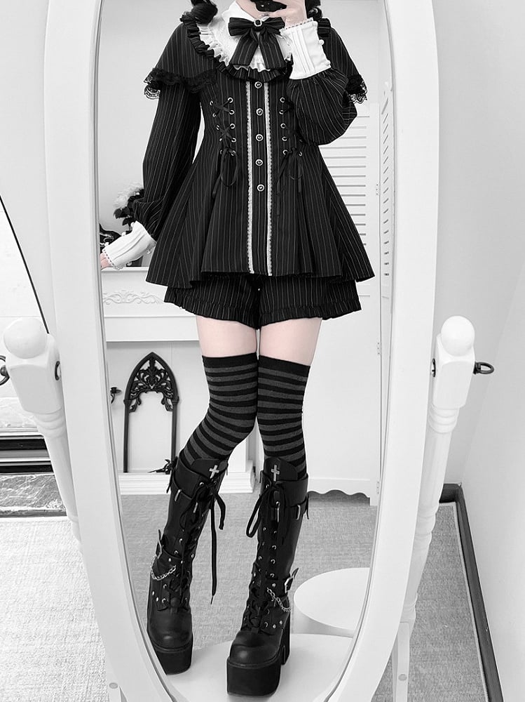 Matching + Bow Shorts Set Design Striped Dress Kei Cape Tie Jirai Black Long-Sleeve Lace-Up