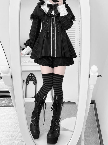 Matching + Bow Shorts Set Design Striped Dress Kei Cape Tie Jirai Black Long-Sleeve Lace-Up