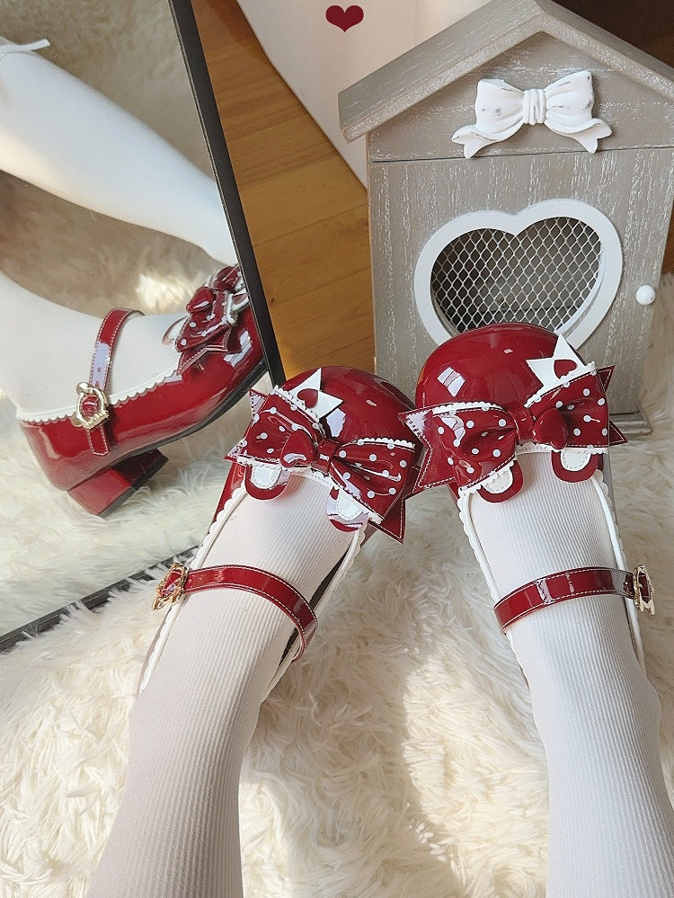 Buckle Red - Mary Low Lolita Polka-dot with Janes Sweet Ear PU Bear Bow Heel Teddy