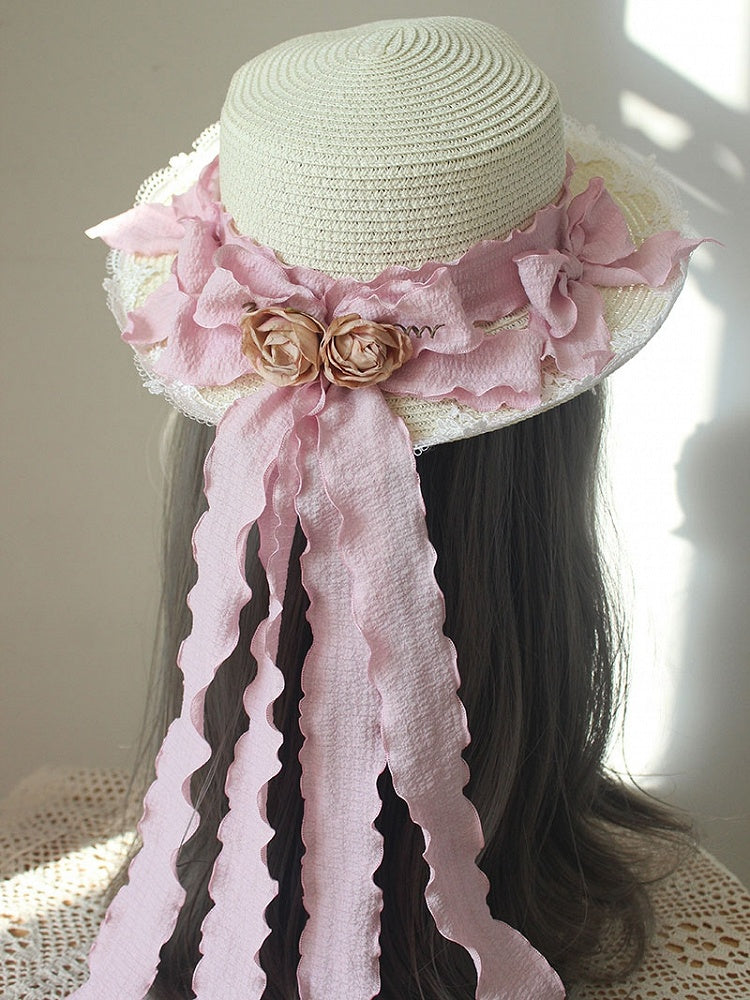 Lace Trim Floral Straw Hat