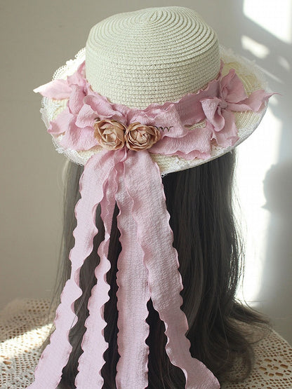Lace Trim Floral Straw Hat