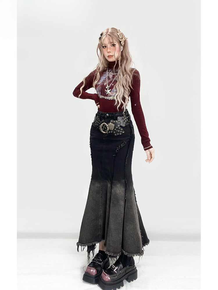 Millard Fashion – Denim-Meerjungfrauenrock mit Farbverlauf und Distressed-Besatz in Schwarz