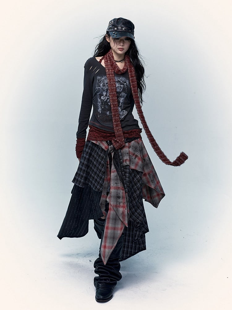 Black and Red Plaid Handkerchief Hem Distressed Skirt