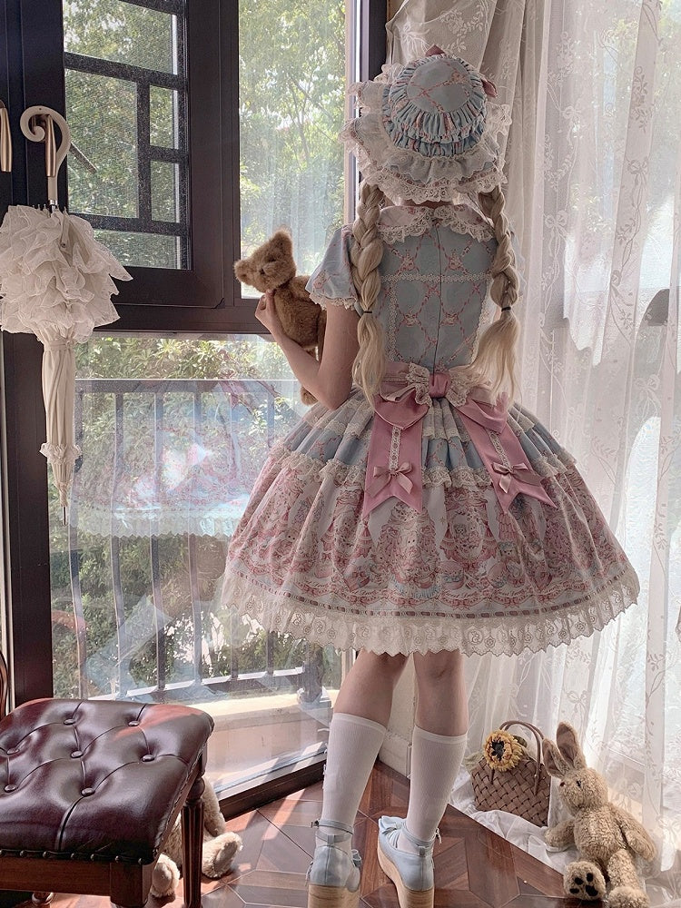 Peter Pan Collar Short-Sleeve OP Dress in Sweet Blue & Pink with Toy Bed Print - Alice Girl