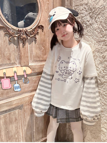 ホワイトキティプリントストライプ長袖Tシャツ