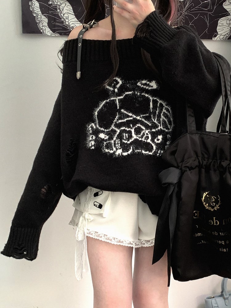 ジライケイ グレーエンジェル パピー グラフィック ダメージ加工 ホールズ ランドマイン ルーズ セーター