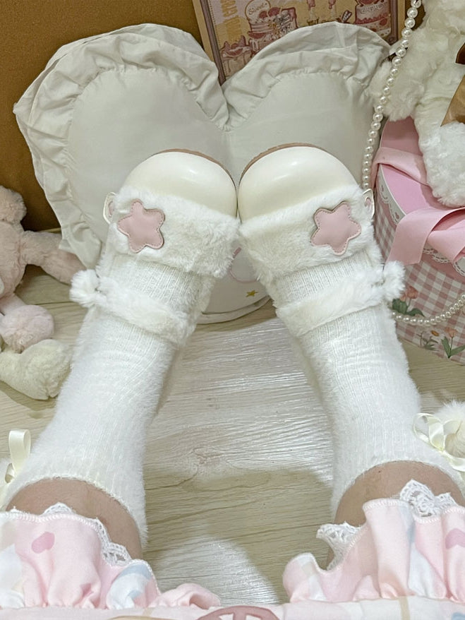 Akzent Beige Lolita Plüsch Fleece-gefüttert Rosa Stern - Snap Flats Cozy Button