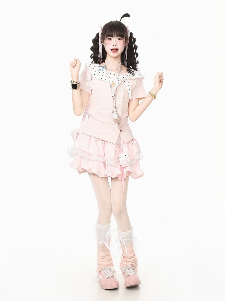 Pink Polka Dot Music Note Tie-Neck Top - Languid Park