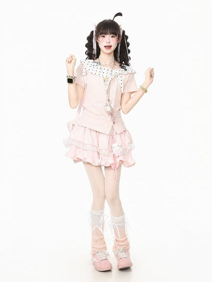 Pink Polka Dot Music Note Tie-Neck Top - Languid Park