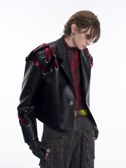Velvet Jacket Black Cropped Shoulder with Crisscross Pads Straps Men's