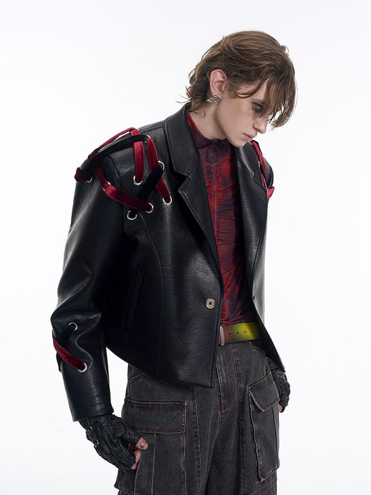 Velvet Jacket Black Cropped Shoulder with Crisscross Pads Straps Men's
